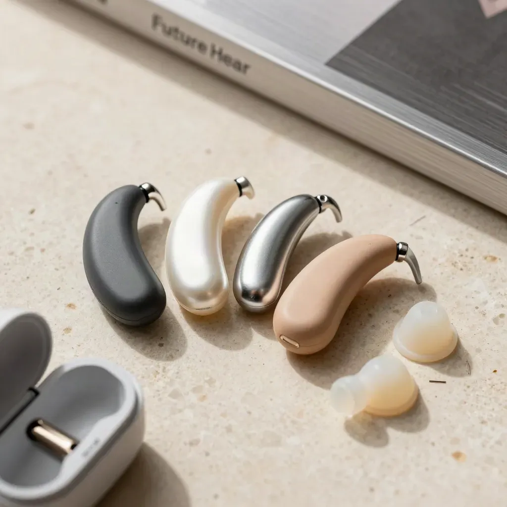 Top-down comparison of three hearing aids, charging case, domes, and wax guards on travertine.