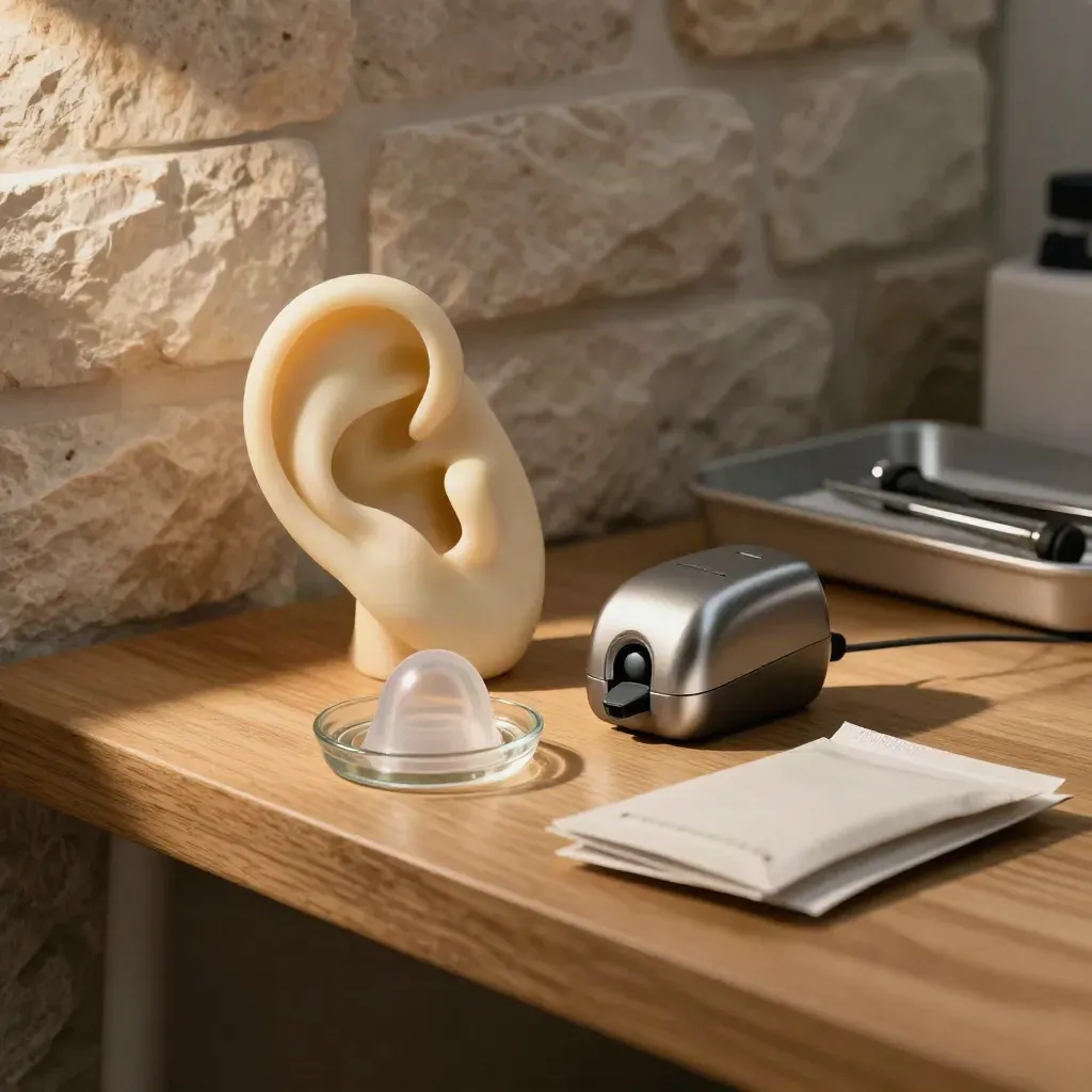 Clinic shelf with hearing basics guides, ear model, charger, and silicone domes in warm daylight.