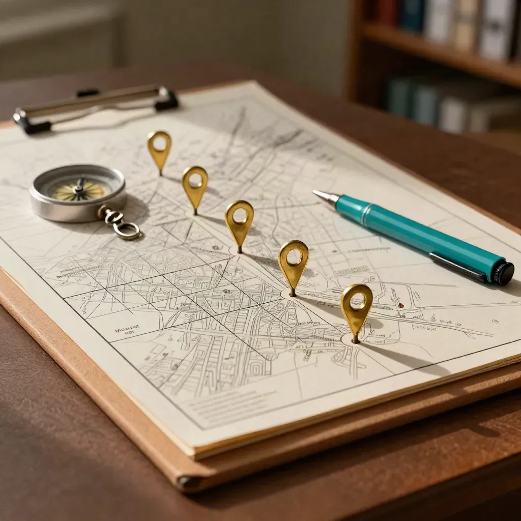 Referral board with brass pins and a city grid card, mid-mapping a clinic route.