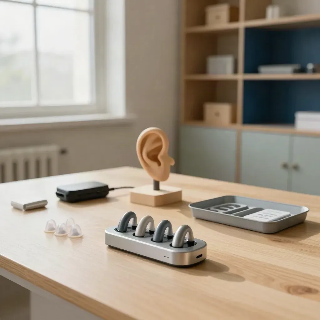 Sunlit hearing resource room with charging aids, ear model, and assistive listening devices.