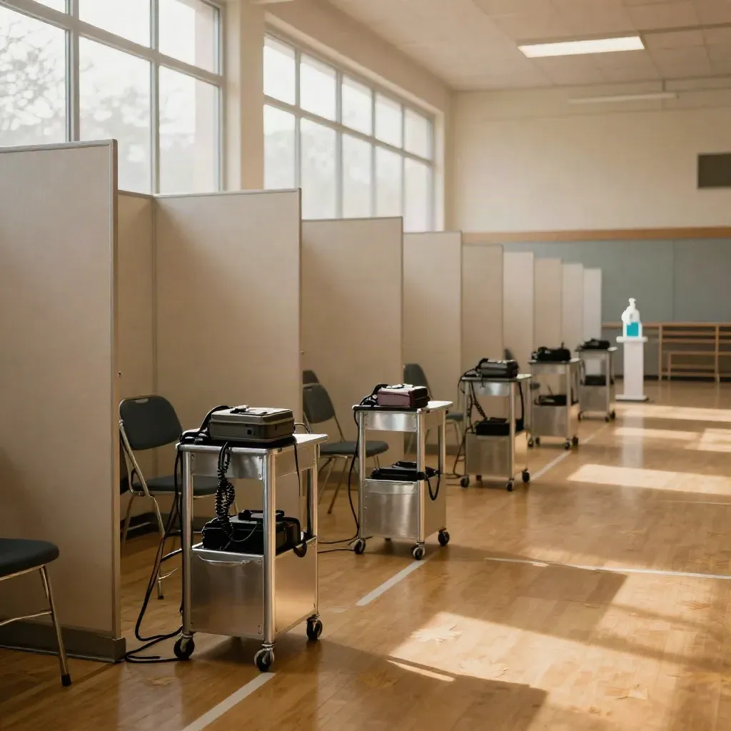 Empty school gym screening setup with chairs, acoustic panels and device carts in morning light.