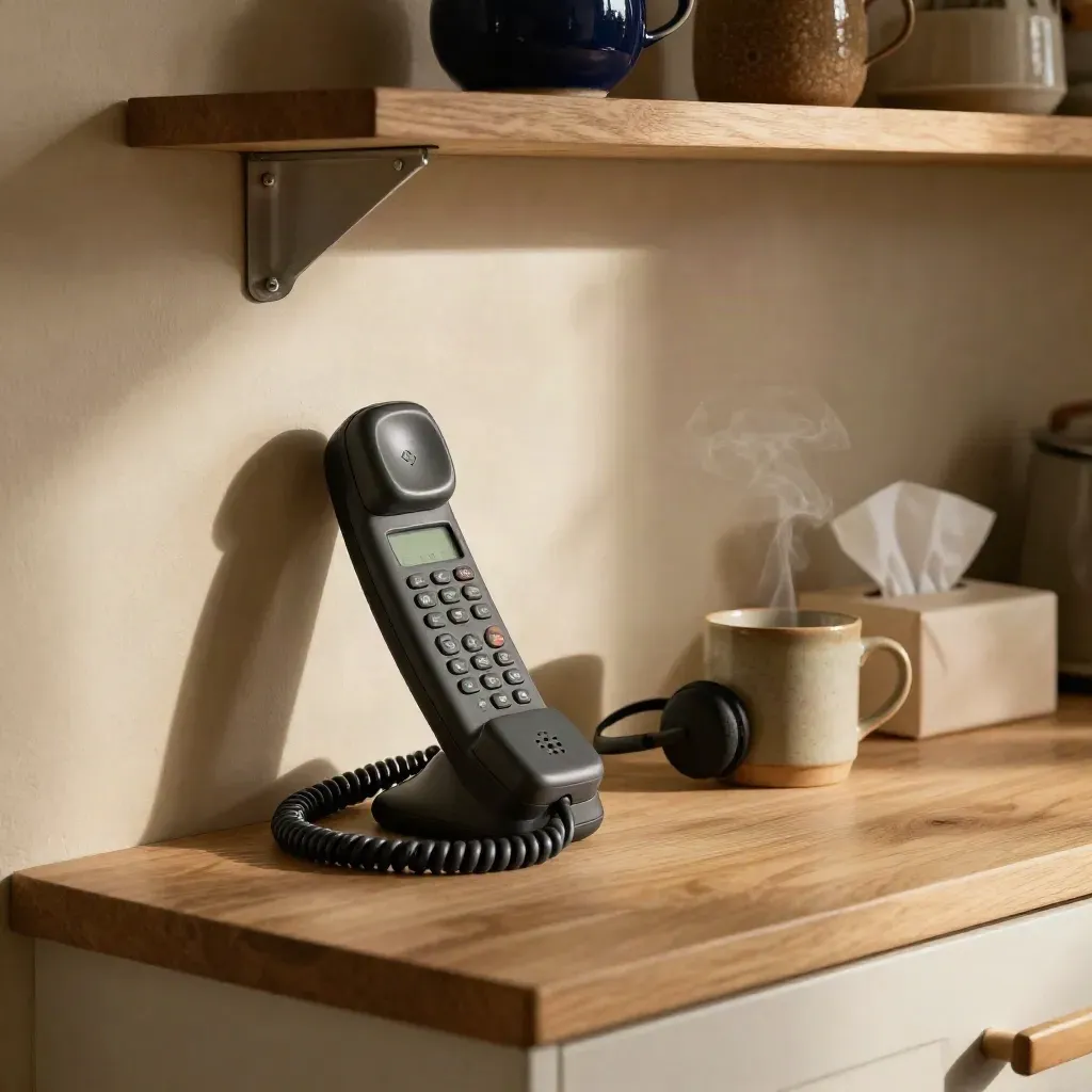 Cordless phone station with headset, mug, and tissues in a calm kitchen nook.