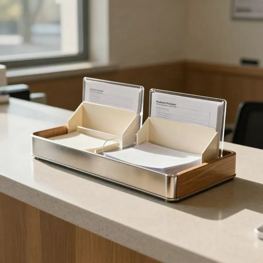 Clinic reception tray with handout caddies and follow-up holders in warm afternoon light.