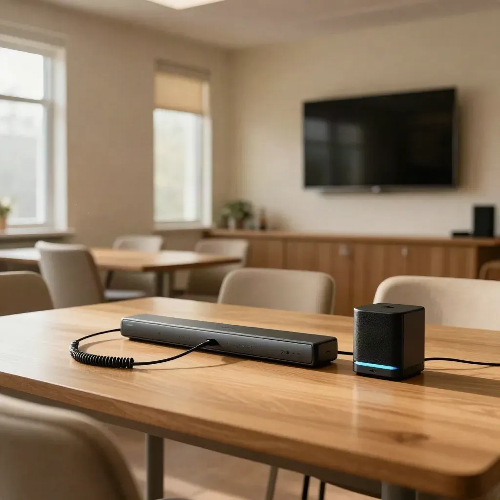 Senior-center common room with microphone, soundbar and charging cradle in soft daylight.