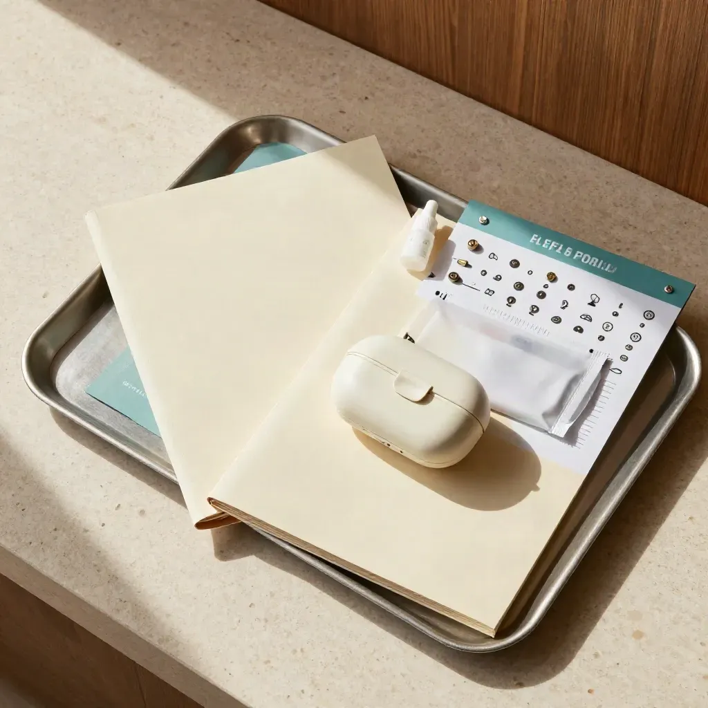 Flatlay of hearing-support folders, case, and referral map on travertine with soft daylight.