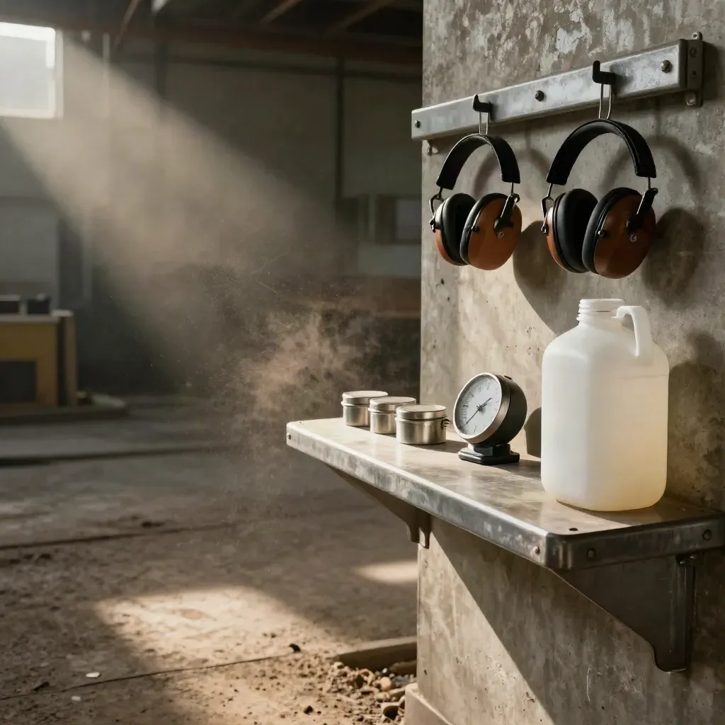 Industrial break station with earmuffs, earplug tins, timer and hydration jug in dusty light