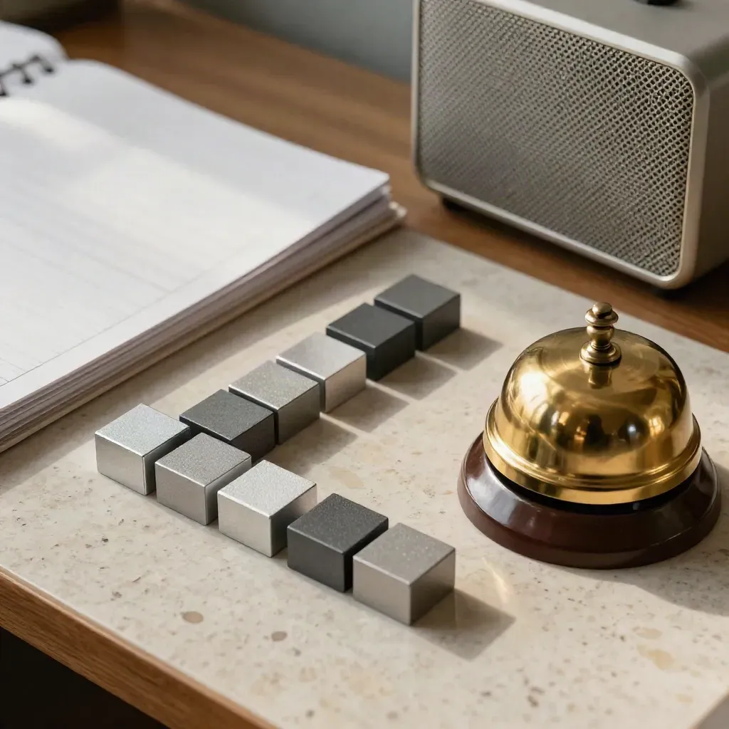 Macro of planning blocks, brass bell, binders, and radio speaker on a travertine desk.