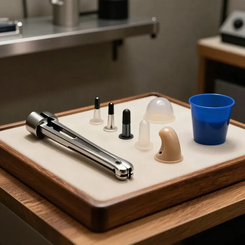 Audiology tools arranged on a walnut workbench with tuning forks, domes, tips, and a blue calibration cup.
