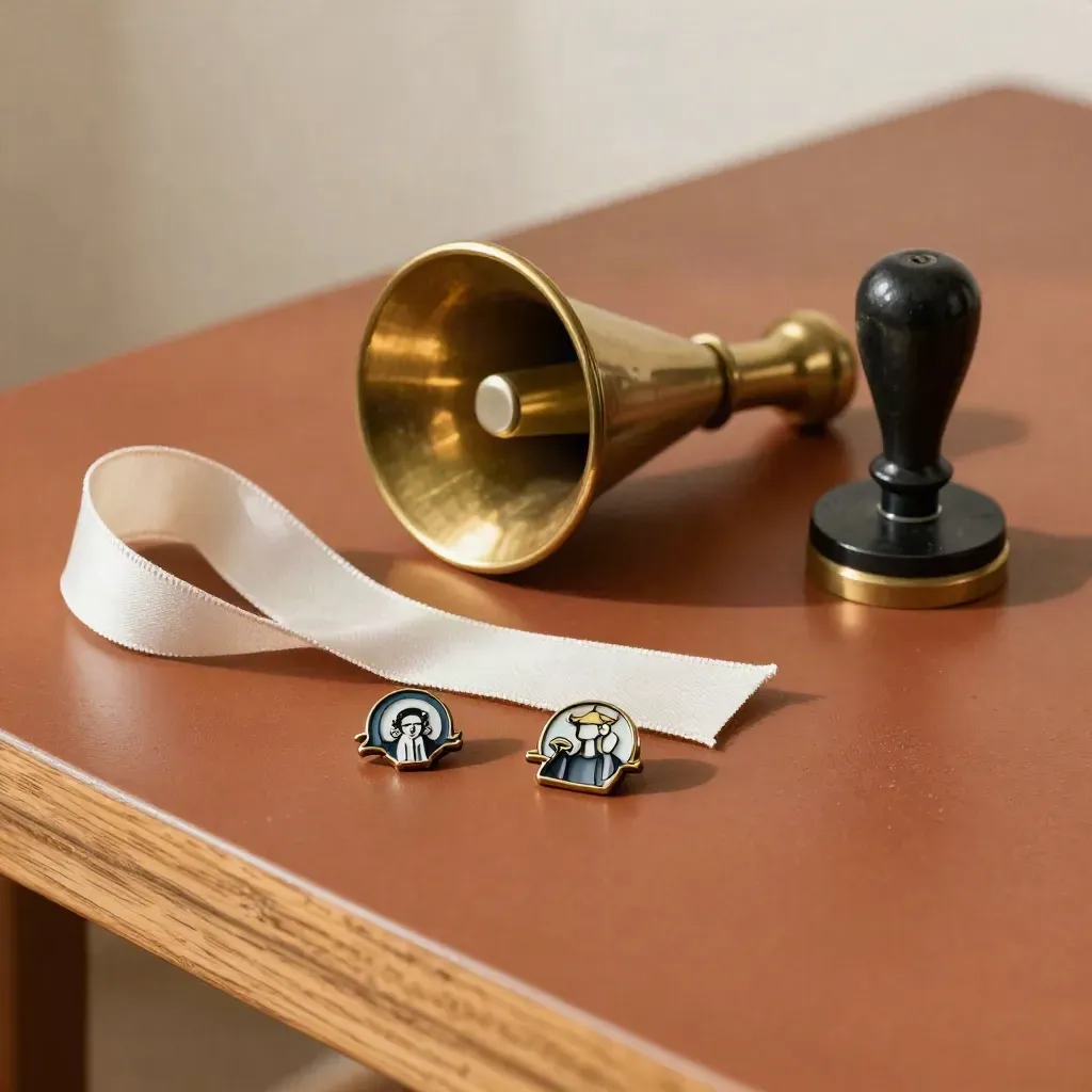 Brass megaphone mouthpiece, enamel pins, ribbon, and stamp base on terracotta plaster.