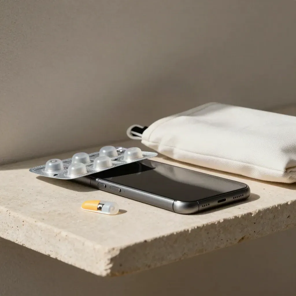 Face-down smartphone with hearing-aid batteries, silicone domes, and a carry pouch on pale stone.