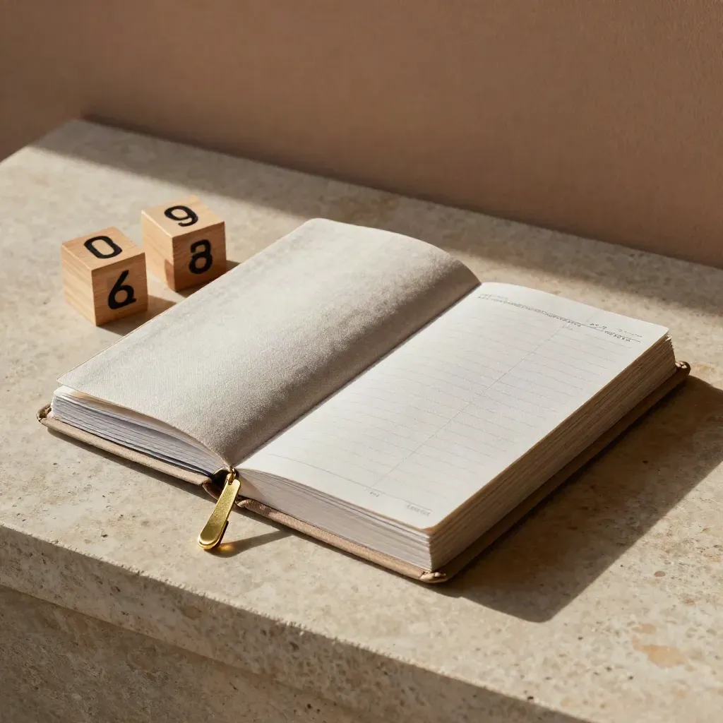 Closed planner, two wooden date blocks, and brass clip on a warm stone slab.