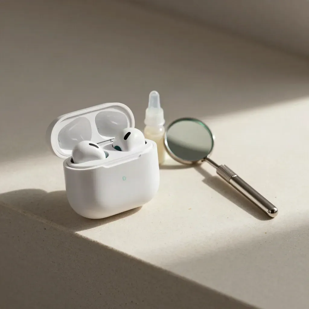 Open hearing-aid charger, wax guards, and inspection mirror on a pale plaster sweep.