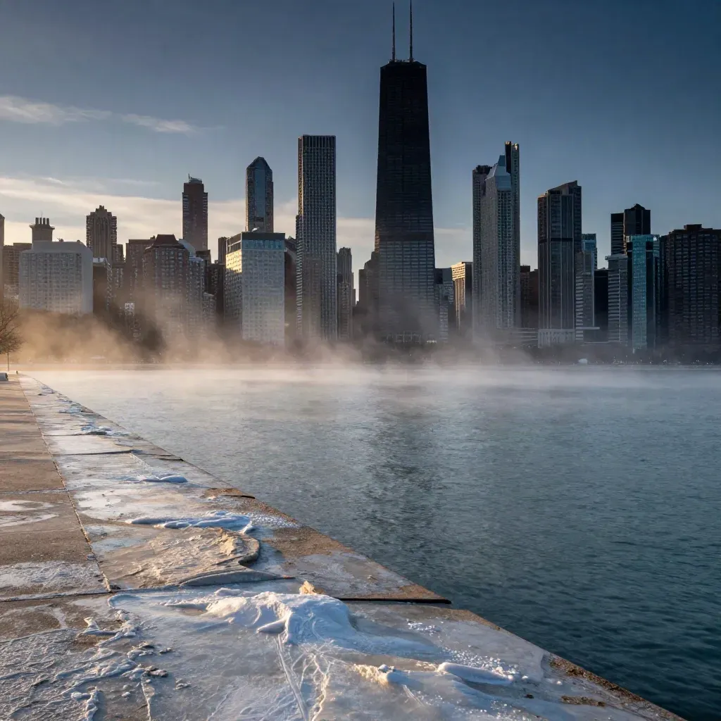 Chicago skyline above misty winter water at blue hour with calm copy space below