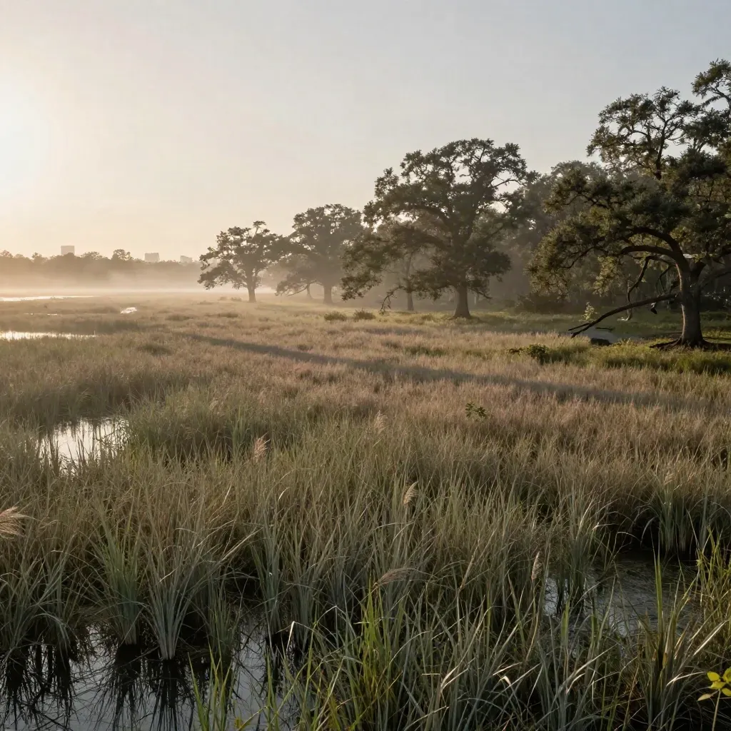 Hazy dawn marsh with live oaks, reeds, and a distant city edge